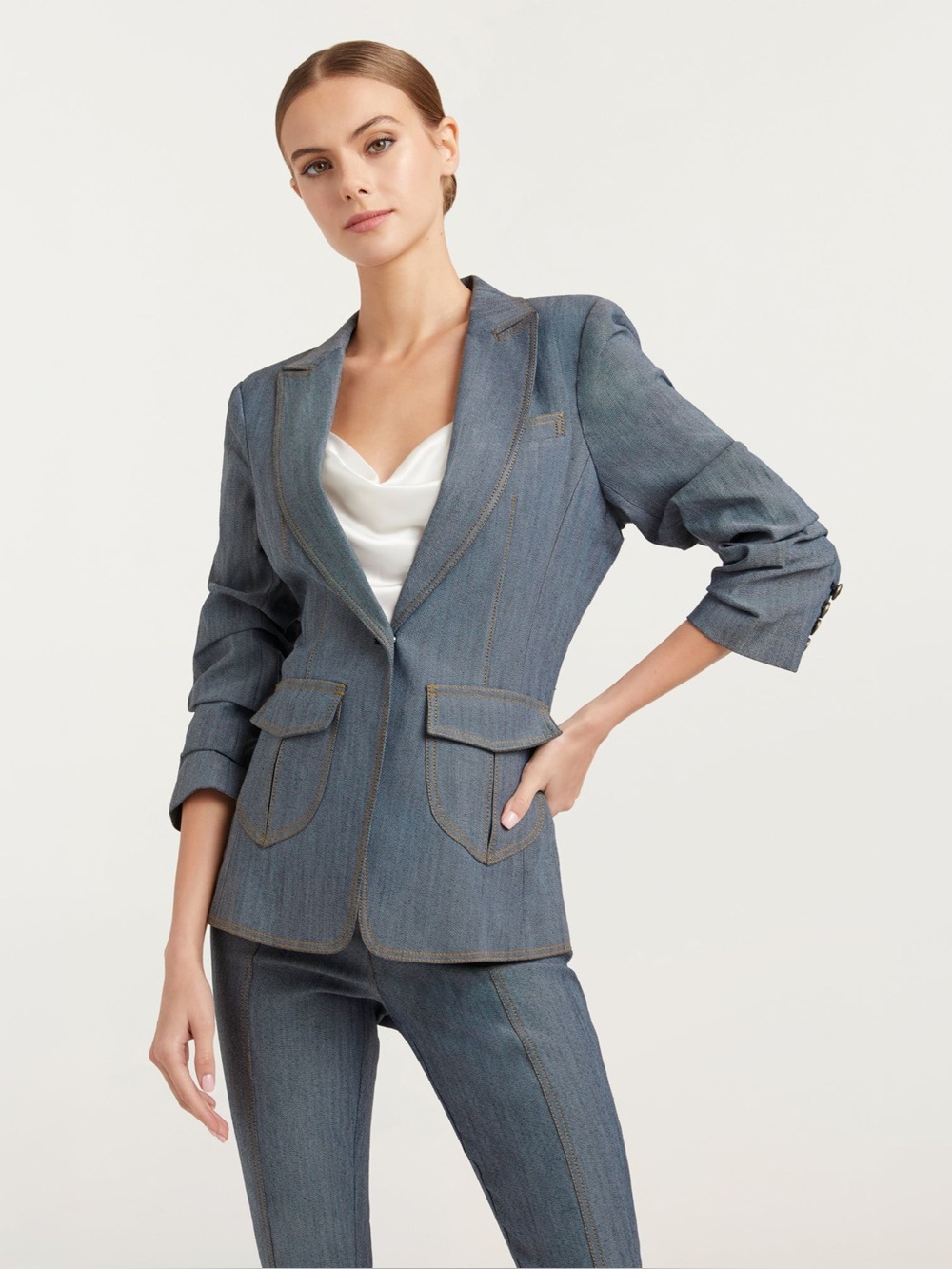 Cinq à Sept Louisa Denim-Style Peak Lapel Blazer with Gathered Sleeves Size 0